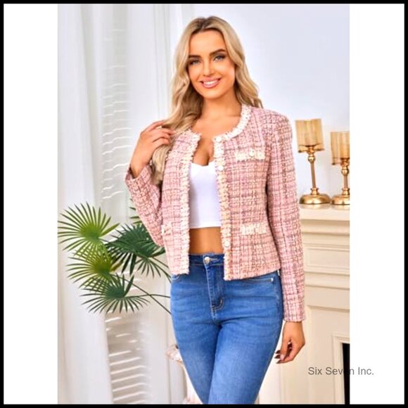 Cropped Tweed Blazer Long Sleeve Crewneck Open Front Lace Trim - Picture 4 of 4